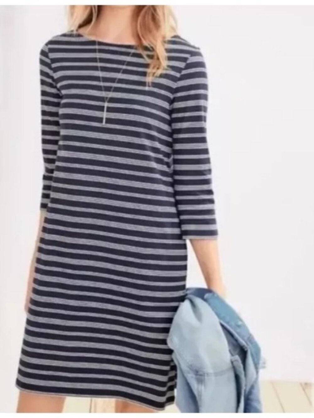 Garnet Hill Striped Organic Cotton 3/4 Sleeve Dress